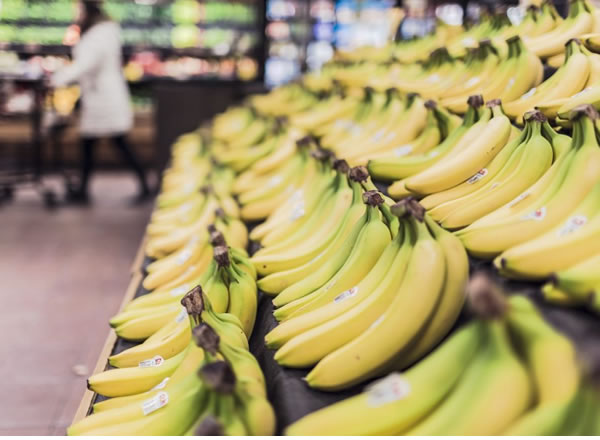 rows of fresh plus bananas on display at a grocery store
